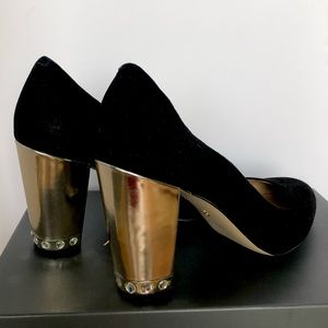 Ann Taylor gold heel black suede diamond studded size 10 some scuffing